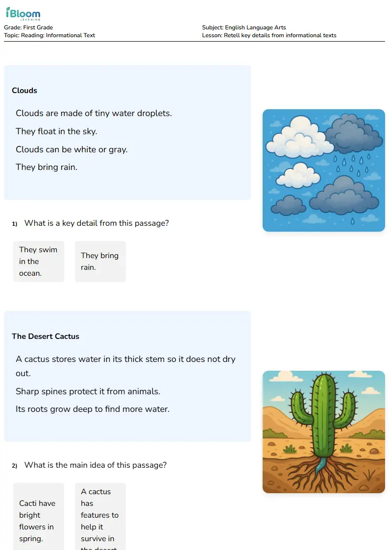 Free Retell key details from informational texts Worksheets for First Grade | iBloom
