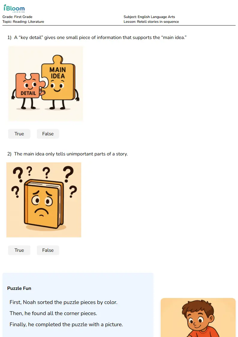 Free Retell stories in sequence Worksheets for First Grade | iBloom