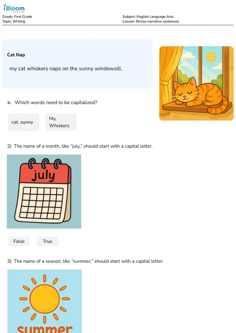 Free Revise narrative sentences Worksheets for First Grade | iBloom