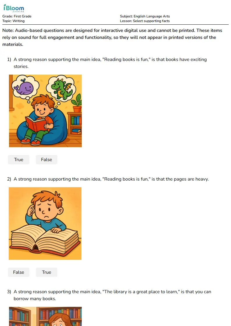 Free Select supporting facts Worksheets for First Grade | iBloom
