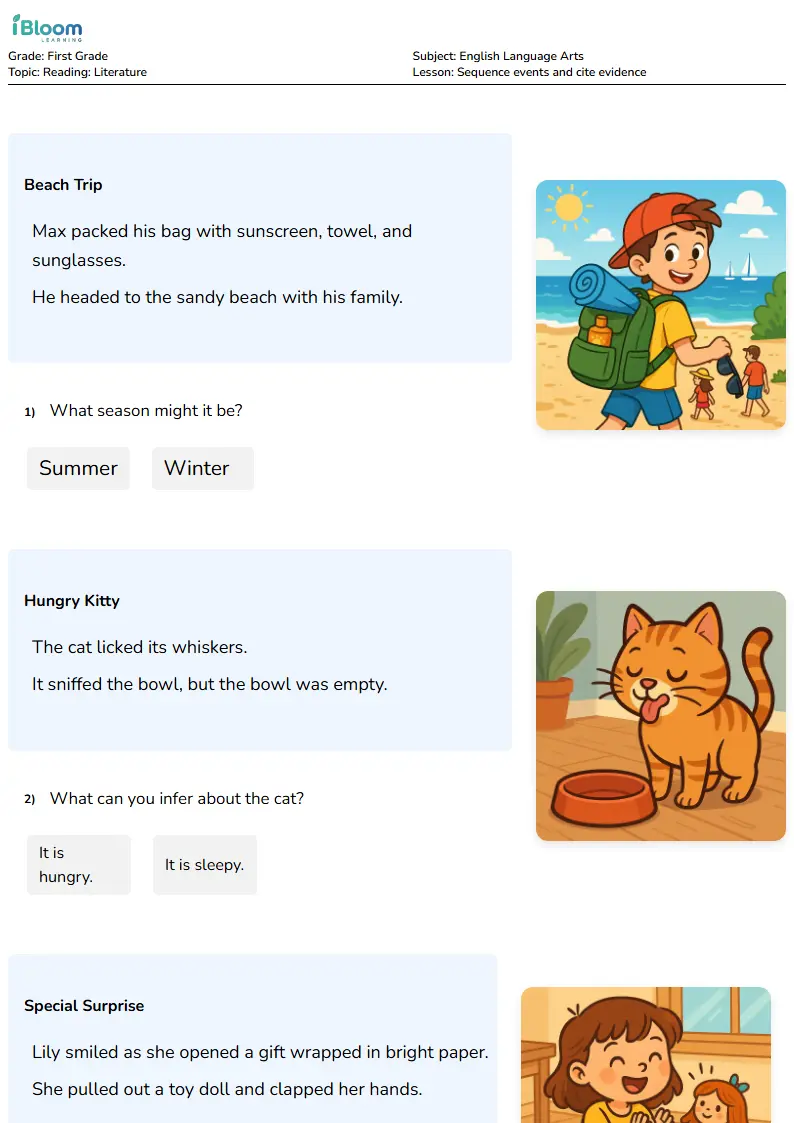 Free Sequence events and cite evidence Worksheets for First Grade | iBloom