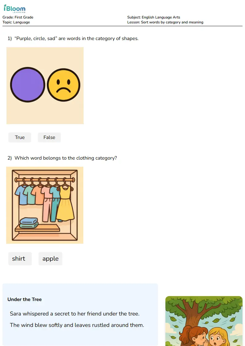 Free Sort words by category and meaning Worksheets for First Grade | iBloom