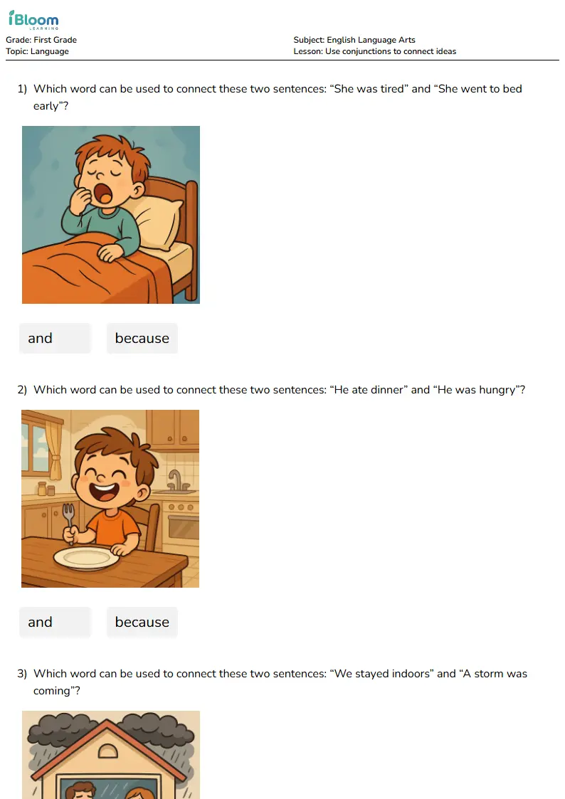 Free Use conjunctions to connect ideas Worksheets for First Grade | iBloom
