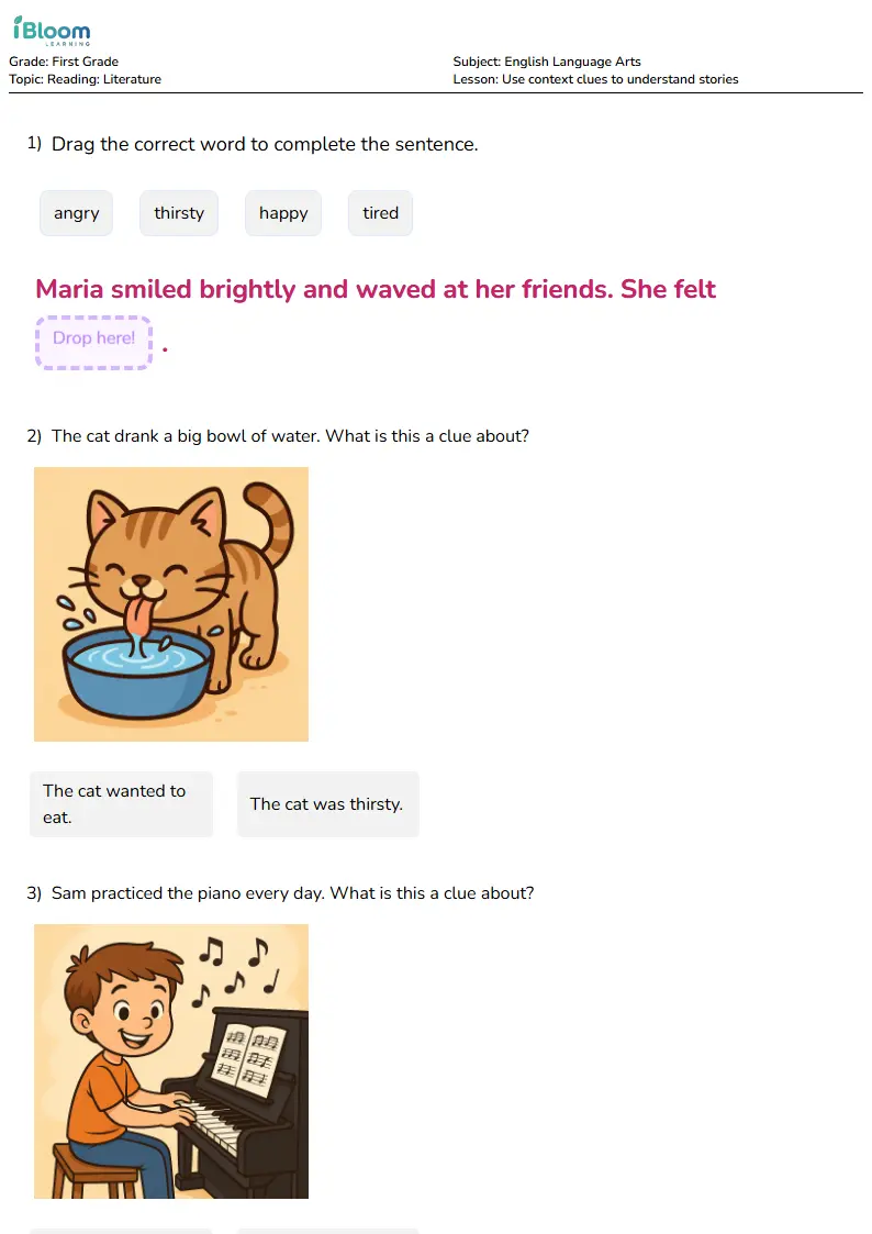 Free Use context clues to understand stories Worksheets for First Grade | iBloom