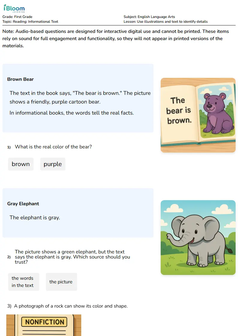 Free Use illustrations and text to identify details Worksheets for First Grade | iBloom