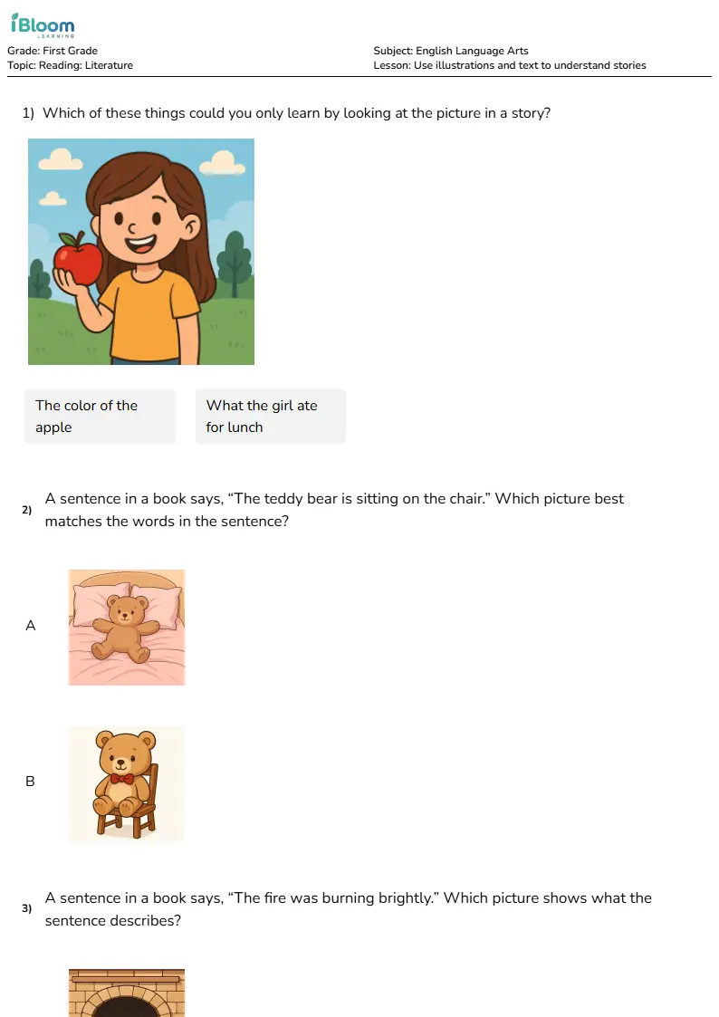 Free Use illustrations and text to understand stories Worksheets for First Grade | iBloom
