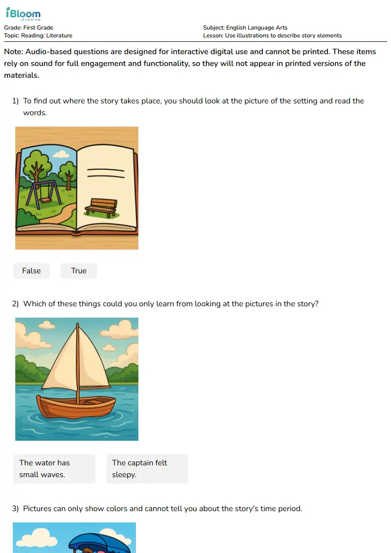 Free Use illustrations to describe story elements Worksheets for First Grade | iBloom