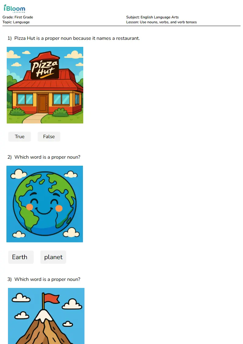 Free Use nouns, verbs, and verb tenses Worksheets for First Grade | iBloom