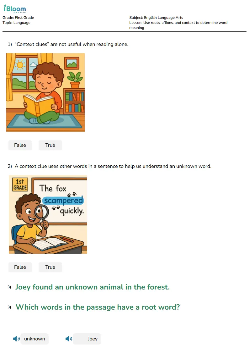 Free Use roots, affixes, and context to determine word meaning Worksheets for First Grade | iBloom
