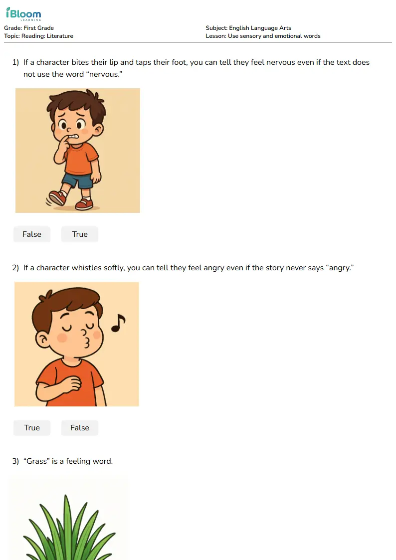 Free Use sensory and emotional words Worksheets for First Grade | iBloom