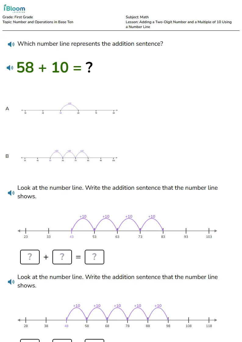 Free Adding a Two-Digit Number and a Multiple of 10 Using a Number Line Worksheets for Grade 1