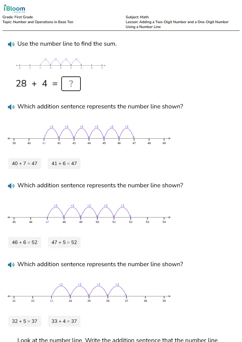 Free Adding a Two-Digit Number and a One-Digit Number Using a Number Line Worksheets for Grade 1
