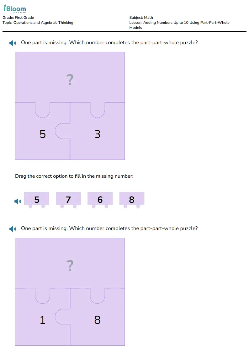 Free Adding Numbers Up to 10 Using Part-Part-Whole Models Worksheets for Grade 1