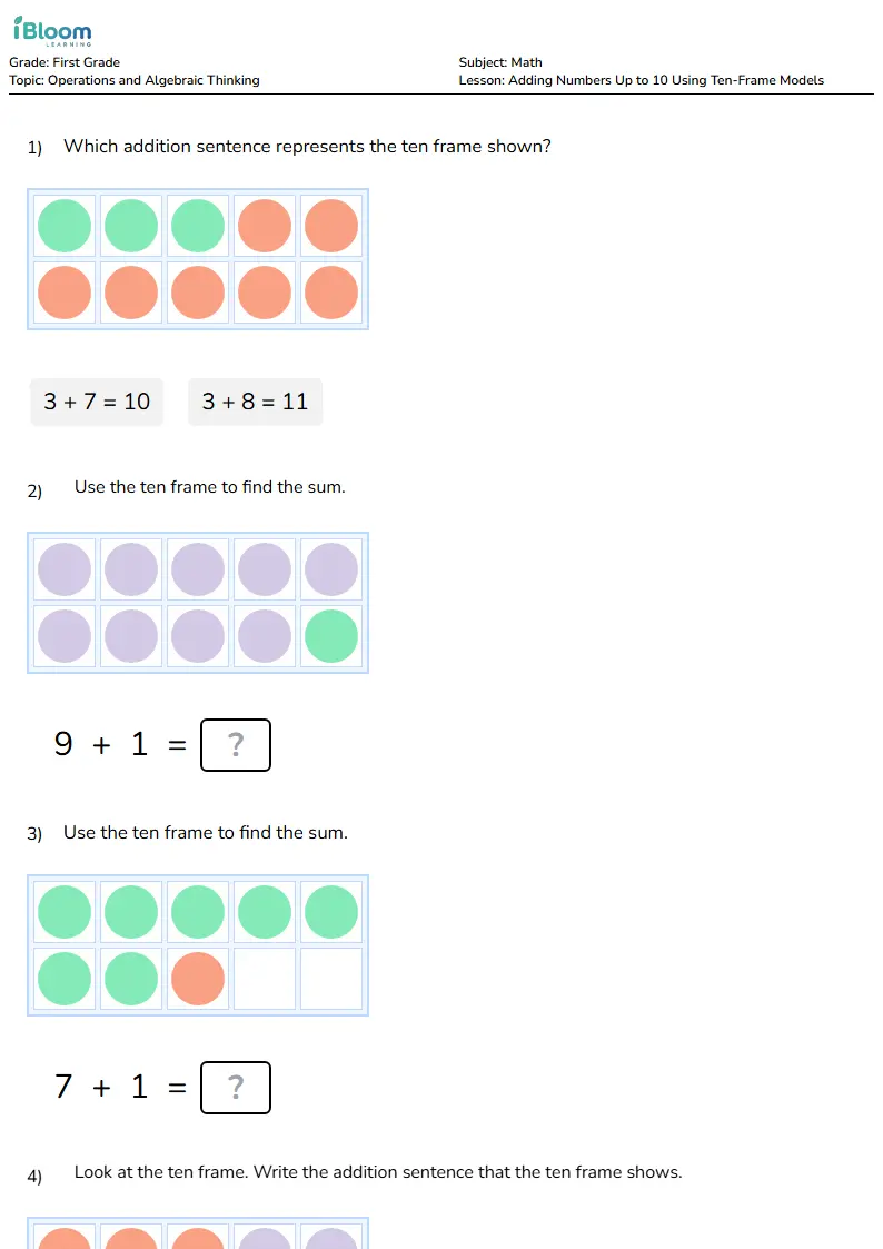 Free Adding Numbers Up to 10 Using Ten-Frame Models Worksheets for Grade 1