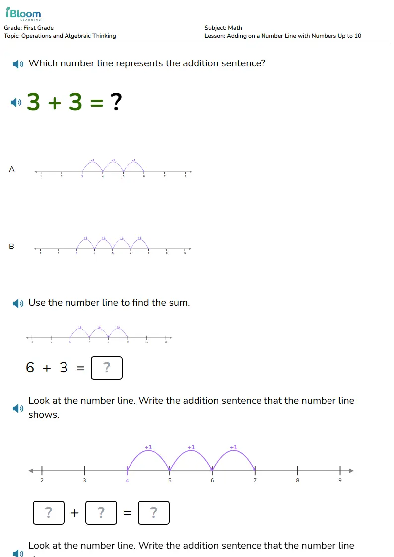 Free Adding on a Number Line with Numbers Up to 10 Worksheets for Grade 1
