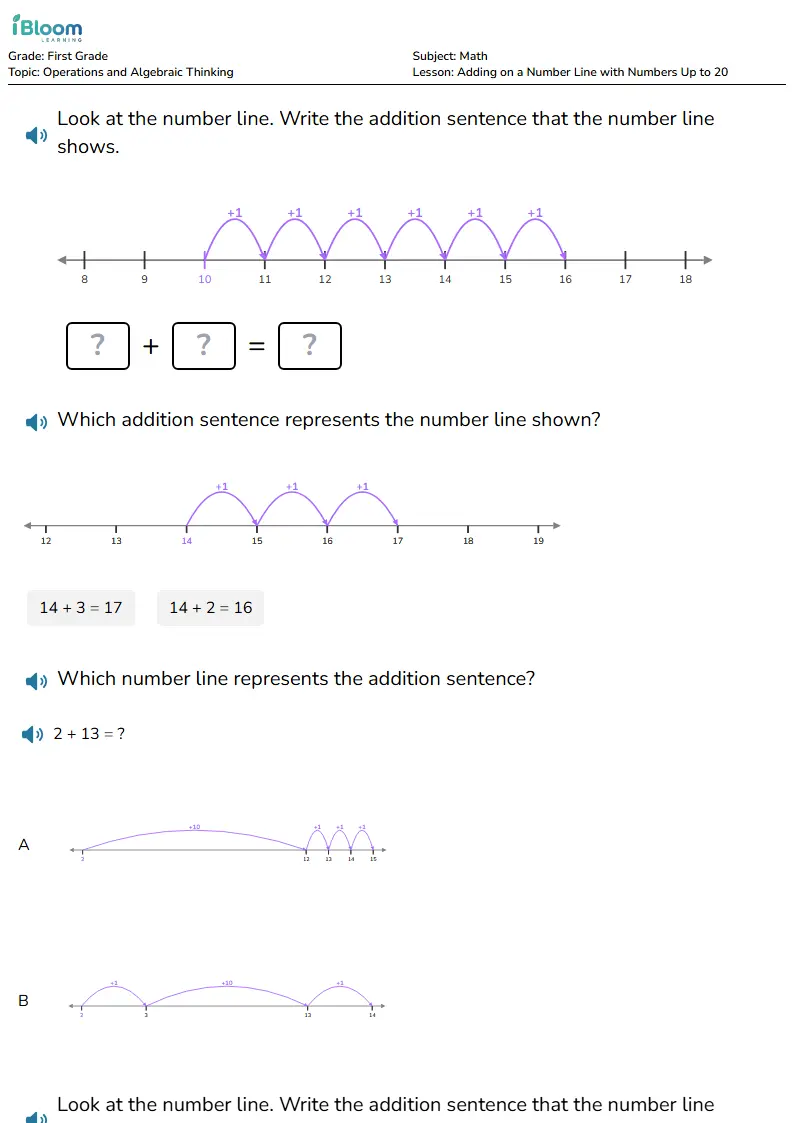 Free Adding on a Number Line with Numbers Up to 20 Worksheets for Grade 1