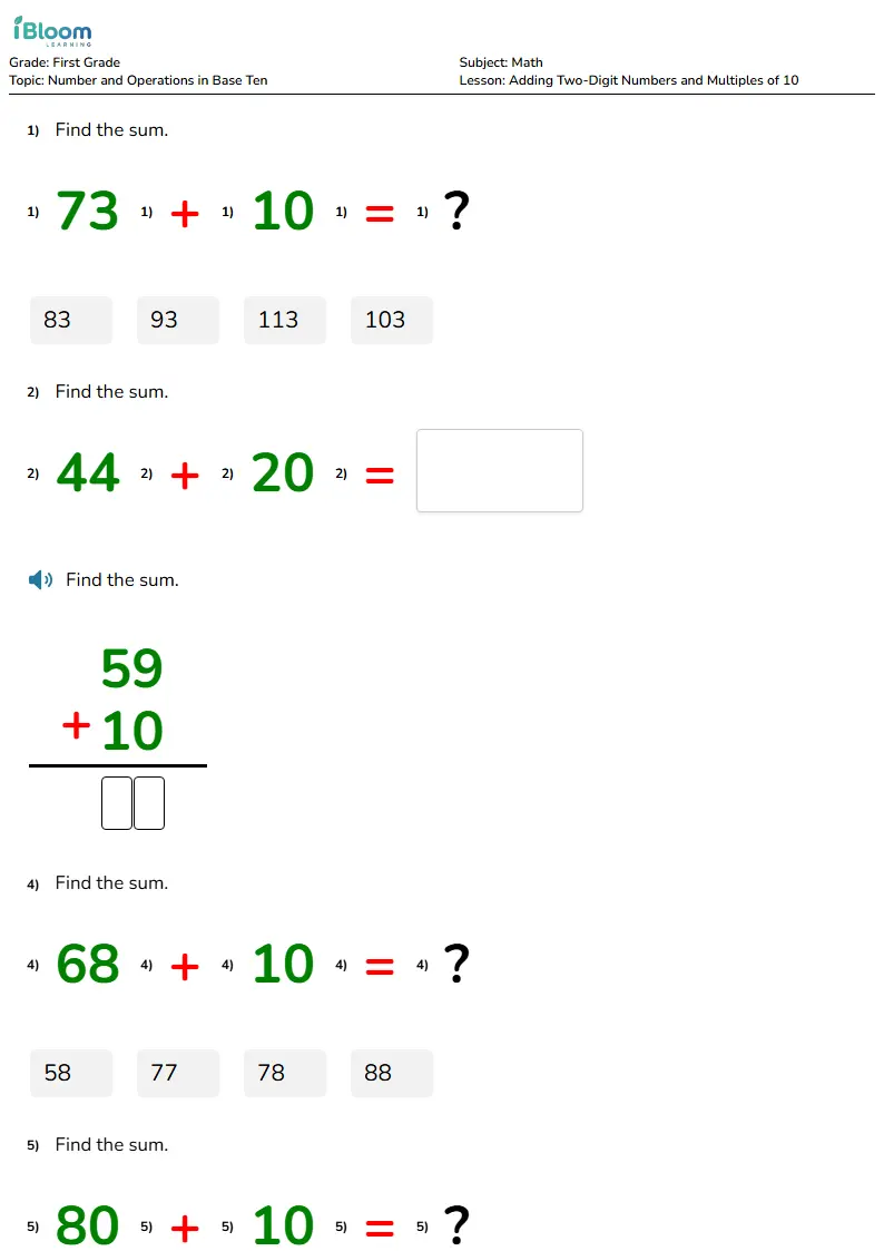 Preview image for Adding Two-Digit Numbers and Multiples of 10 Worksheets for First Grade