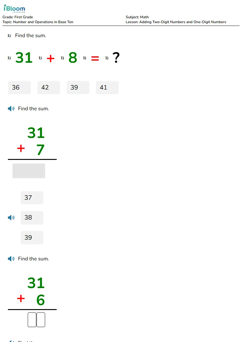 Preview image for Adding Two-Digit Numbers and One-Digit Numbers Worksheets for First Grade