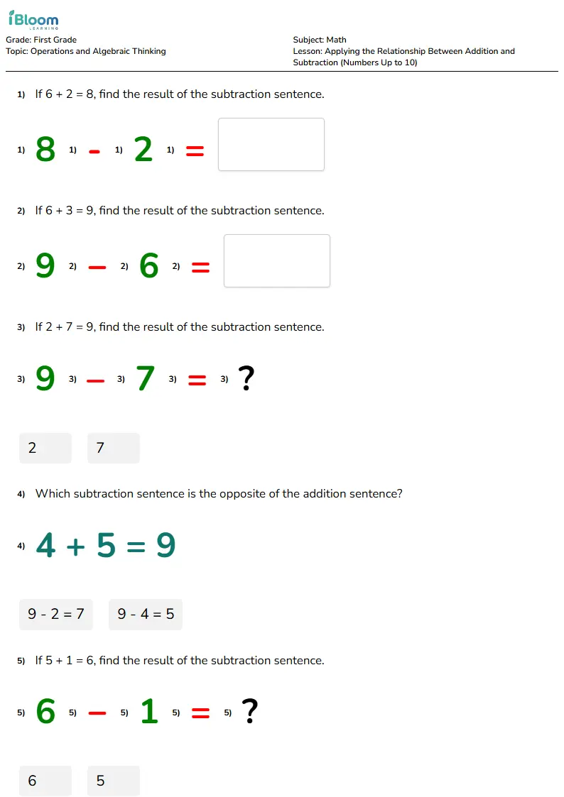 Free Applying the Relationship Between Addition and Subtraction (Numbers Up to 10) Worksheets for Grade 1