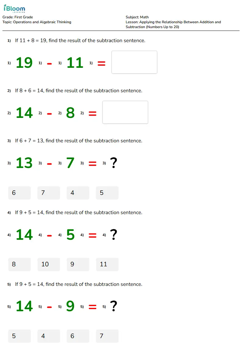 Free Applying the Relationship Between Addition and Subtraction (Numbers Up to 20) Worksheets for Grade 1
