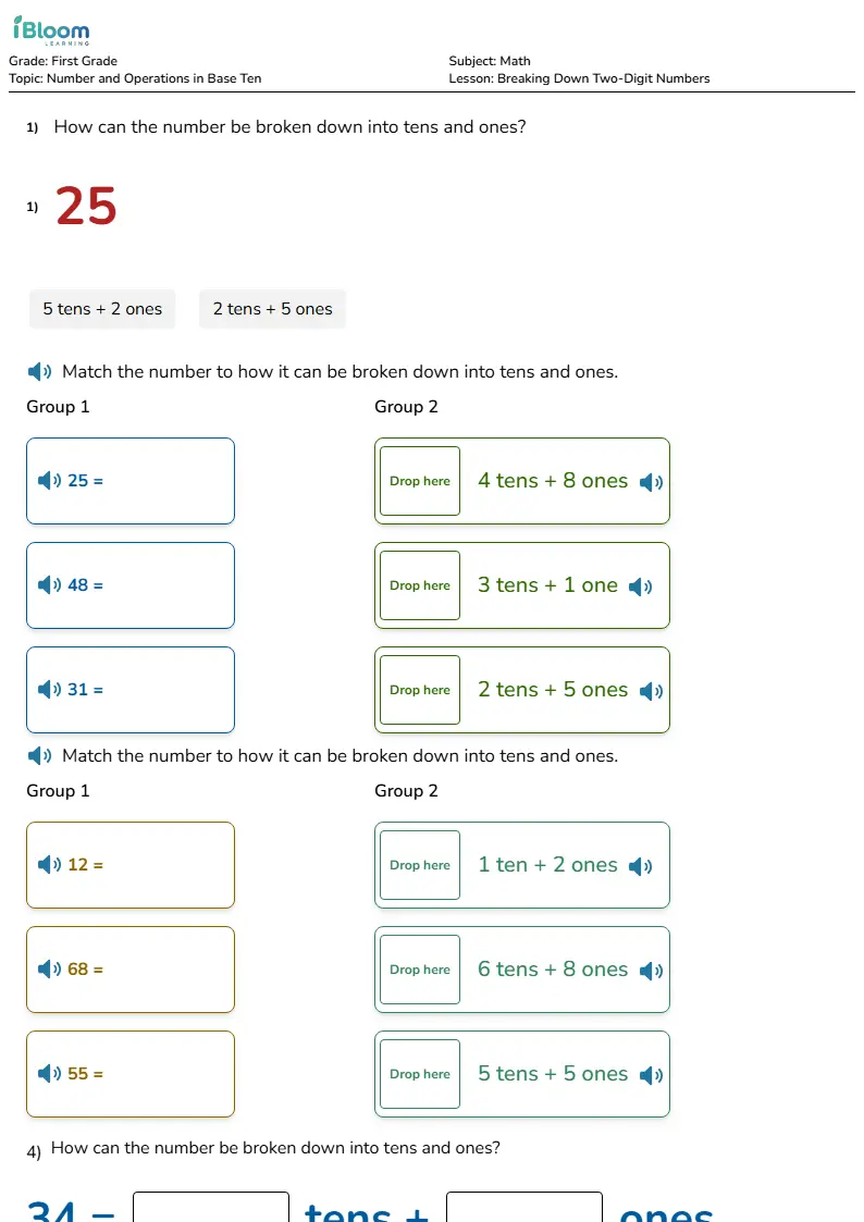 Free Breaking Down Two-Digit Numbers Worksheets for Grade 1