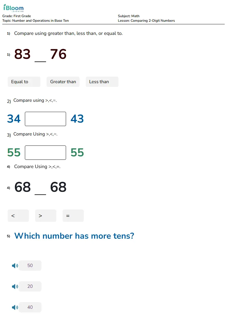 Free Comparing 2-Digit Numbers Worksheets for Grade 1