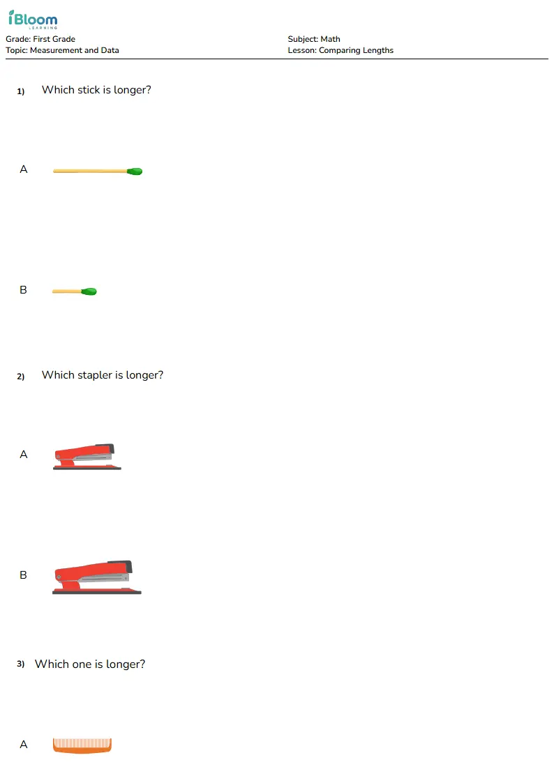 Free Comparing Lengths Worksheets for Grade 1