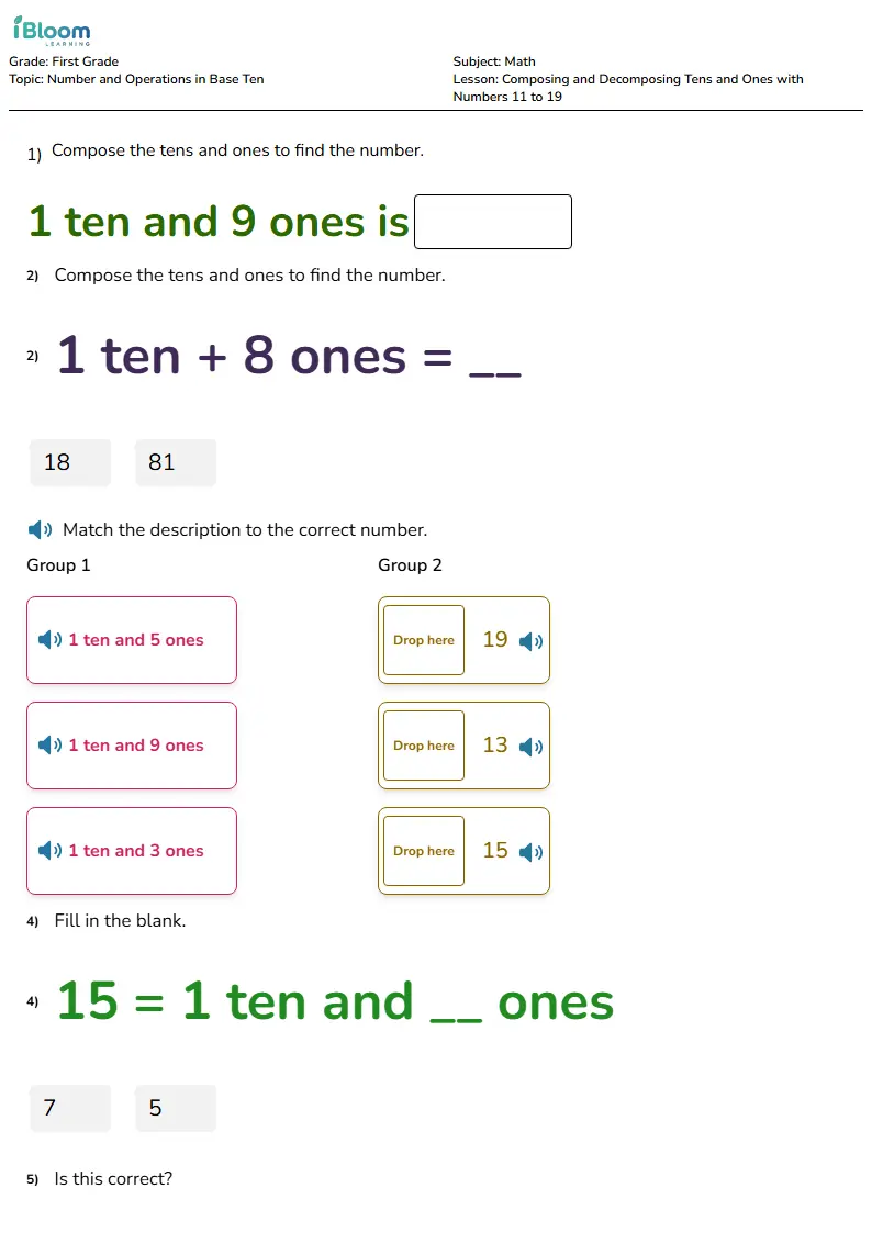 Free Composing and Decomposing Tens and Ones with Numbers 11 to 19 Worksheets for Grade 1