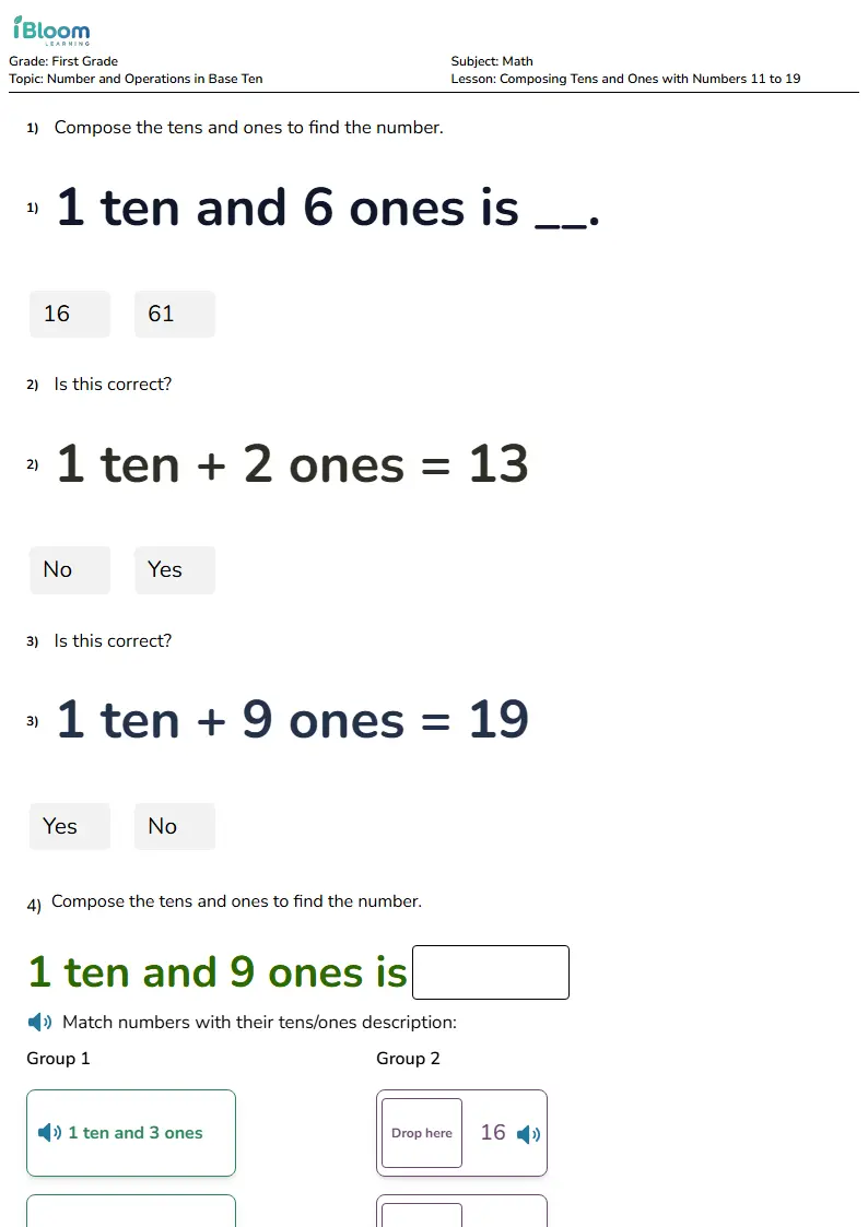 Free Composing Tens and Ones with Numbers 11 to 19 Worksheets for Grade 1