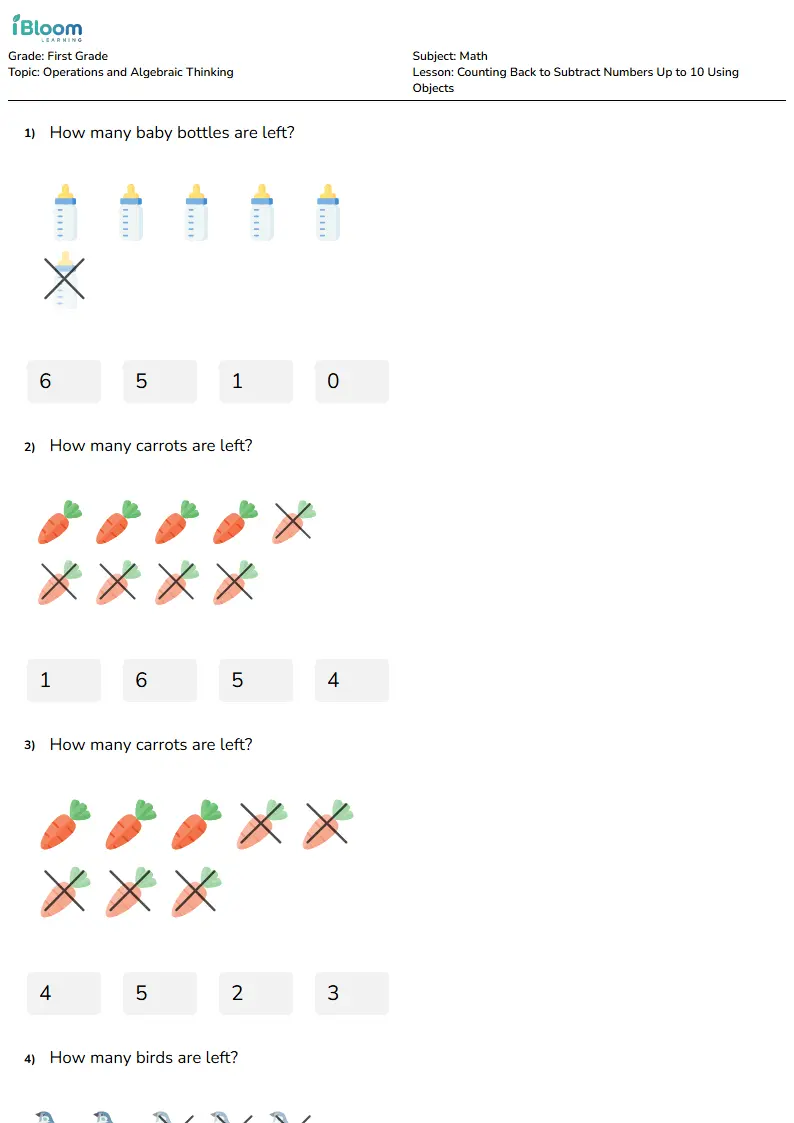 Free Counting Back to Subtract Numbers Up to 10 Using Objects Worksheets for Grade 1
