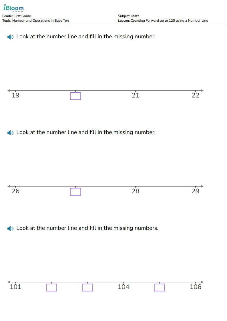 Free Counting Forward up to 120 using a Number Line Worksheets for Grade 1