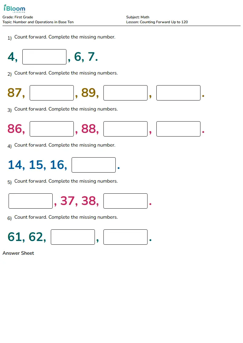 Free Counting Forward Up to 120 Worksheets for Grade 1