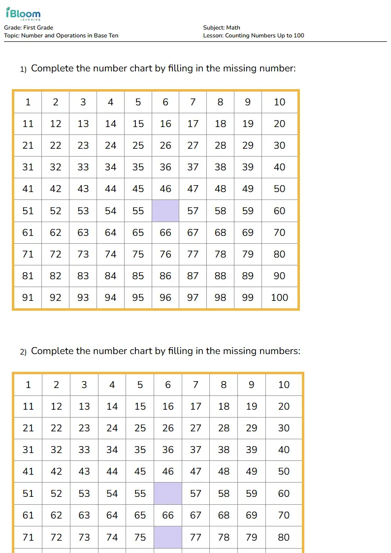 Free Counting Numbers Up to 100 Worksheets for Grade 1