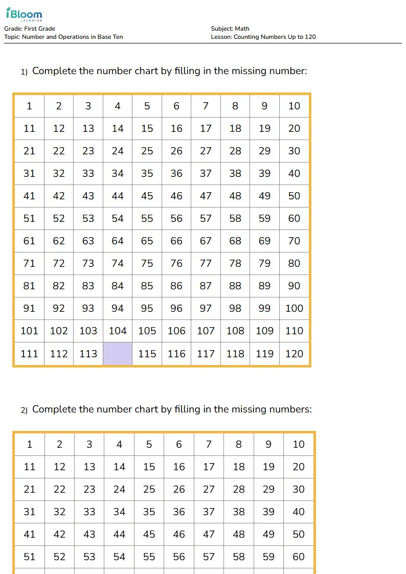 Free Counting Numbers Up to 120 Worksheets for Grade 1