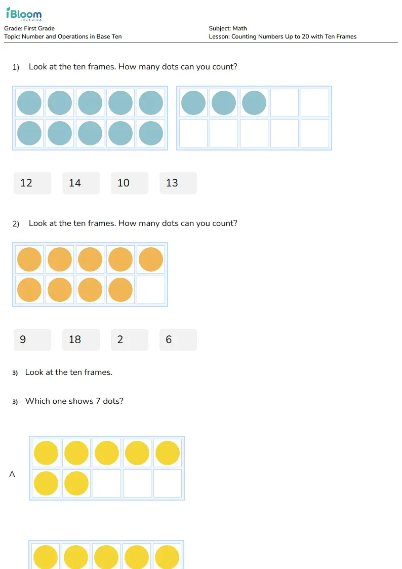 Free Counting Numbers Up to 20 with Ten Frames Worksheets for First Grade