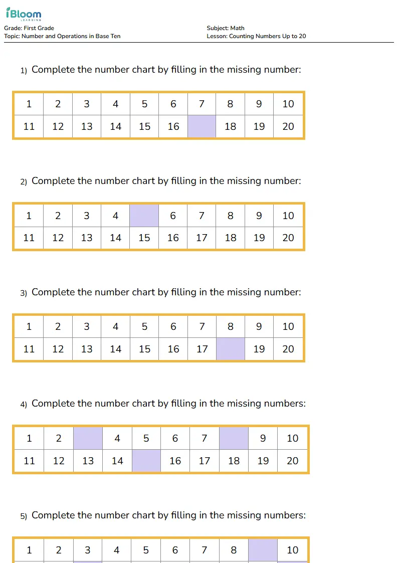 Free Counting Numbers Up to 20 Worksheets for Grade 1