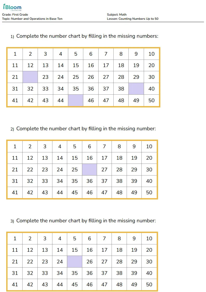 Free Counting Numbers Up to 50 Worksheets for First Grade | iBloom
