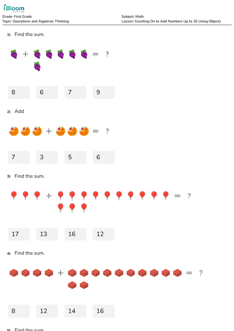 Free Counting On to Add Numbers Up to 20 Using Objects Worksheets for First Grade | iBloom