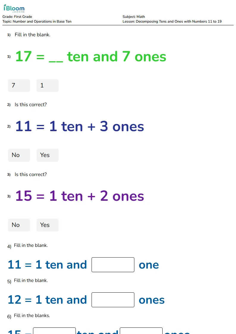 Free Decomposing Tens and Ones with Numbers 11 to 19 Worksheets for First Grade | iBloom