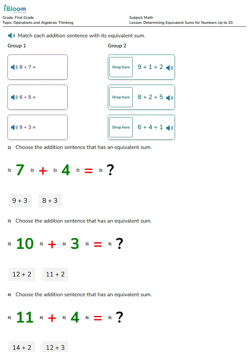 Free Determining Equivalent Sums for Numbers Up to 20 Worksheets for First Grade | iBloom