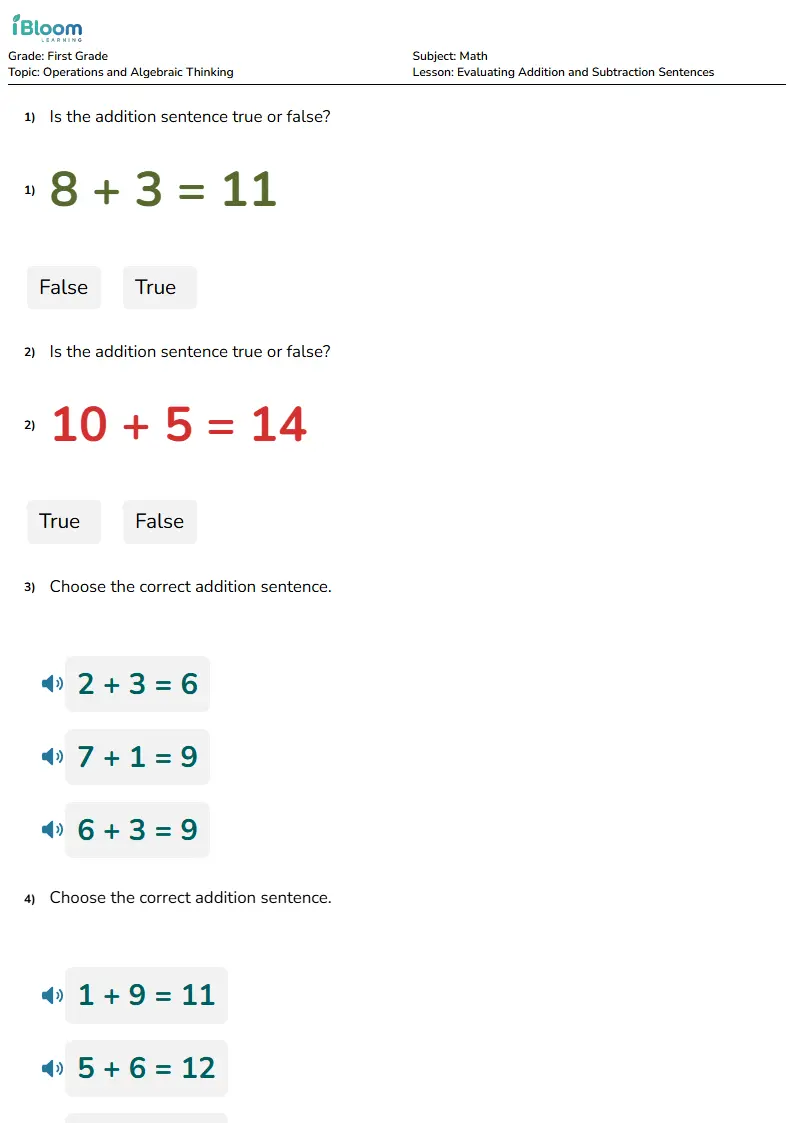 Free Evaluating Addition and Subtraction Sentences Worksheets for First Grade | iBloom