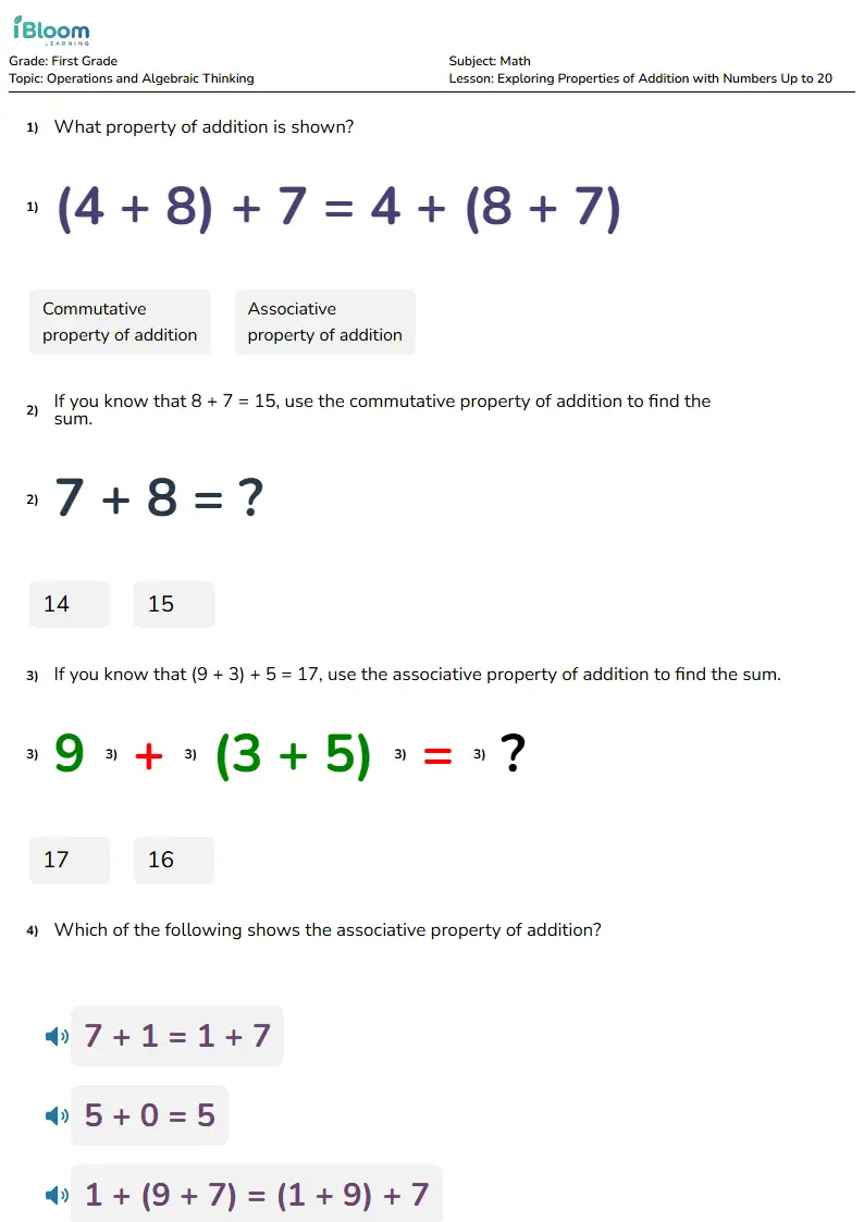 Free Exploring Properties of Addition with Numbers Up to 20 Worksheets for First Grade | iBloom