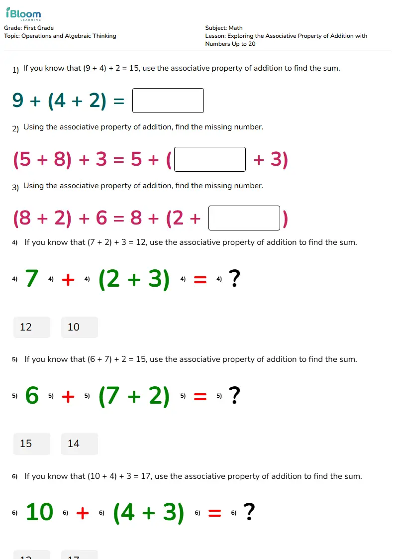 Free Exploring the Associative Property of Addition with Numbers Up to 20 Worksheets for First Grade | iBloom