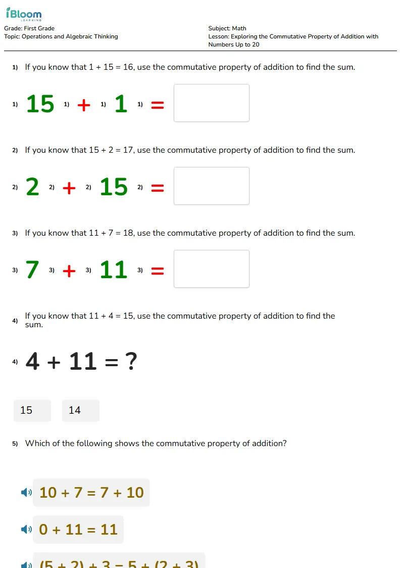 Free Exploring the Commutative Property of Addition with Numbers Up to 20 Worksheets for First Grade | iBloom