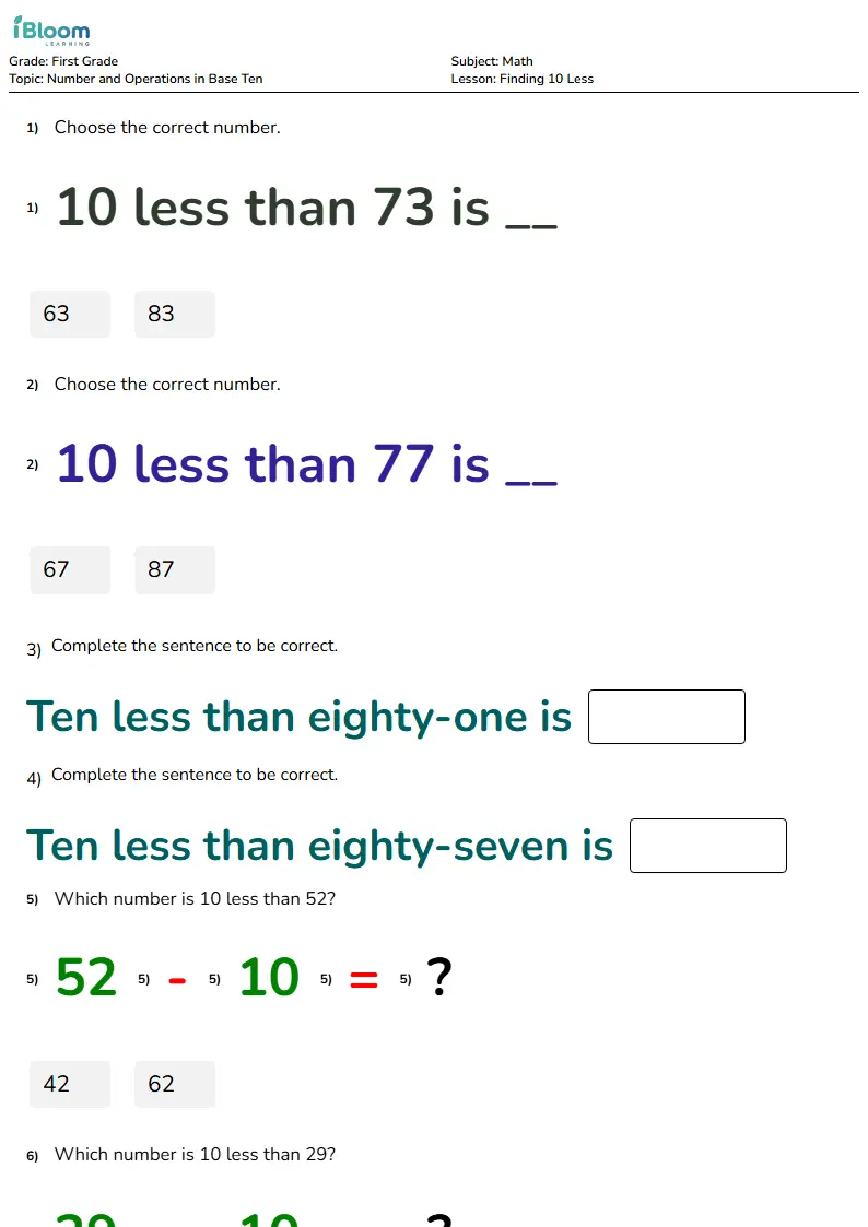 Free Finding 10 Less Worksheets for First Grade | iBloom