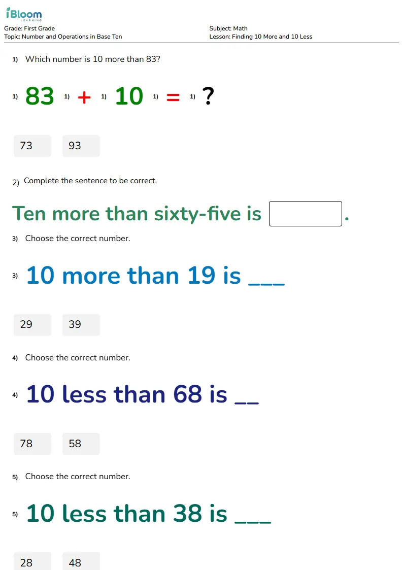 Free Finding 10 More and 10 Less Worksheets for First Grade | iBloom