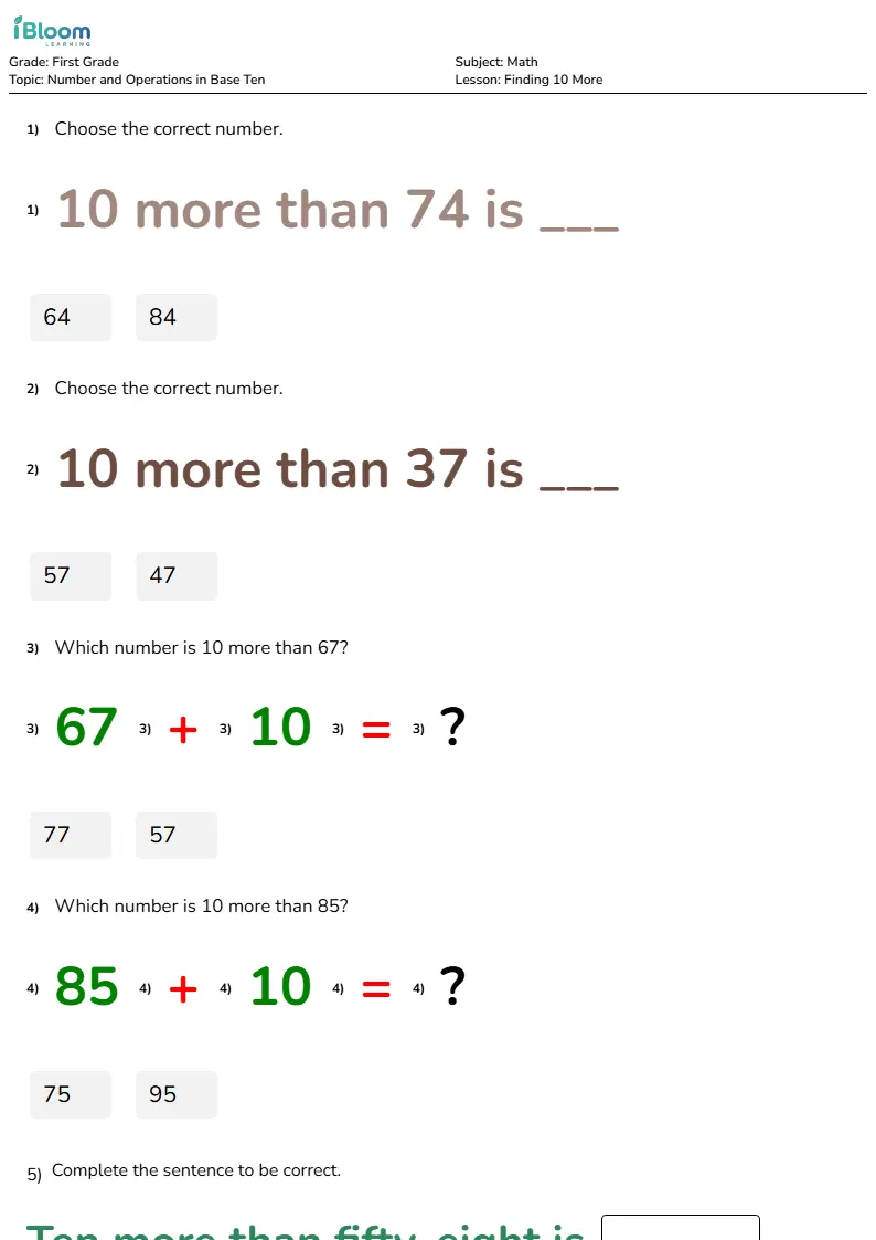 Free Finding 10 More Worksheets for First Grade | iBloom