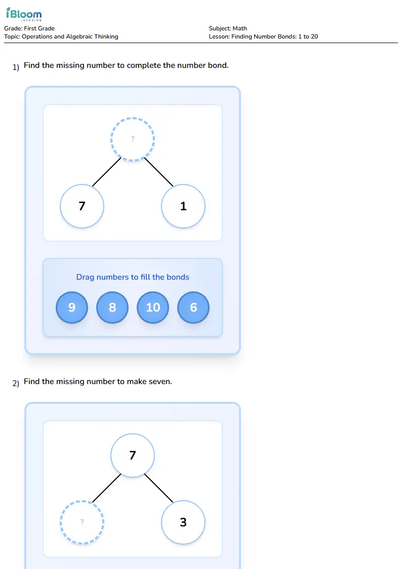 Free Finding Number Bonds: 1 to 20 Worksheets for First Grade | iBloom