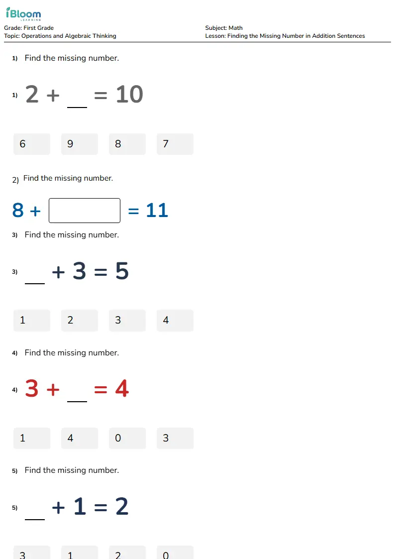 Free Finding the Missing Number in Addition Sentences Worksheets for First Grade | iBloom