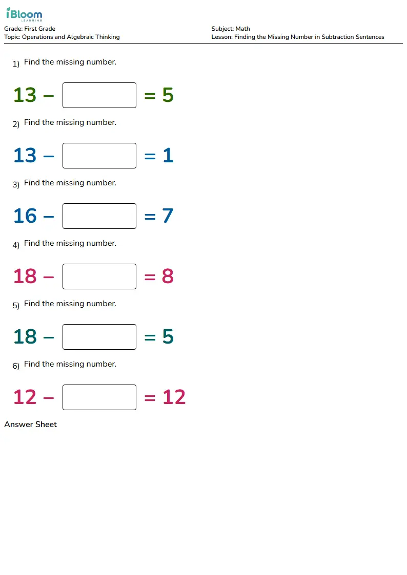 Free Finding the Missing Number in Subtraction Sentences Worksheets for First Grade | iBloom